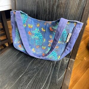 Laurel Burch Cat Tote Bag Colorful Butterfly Print Canvas Shoulder Bag